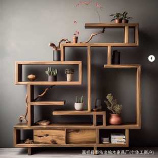 老榆木侘寂风置物架实木装饰博古架墙上多宝阁装饰品隔断玄关柜
