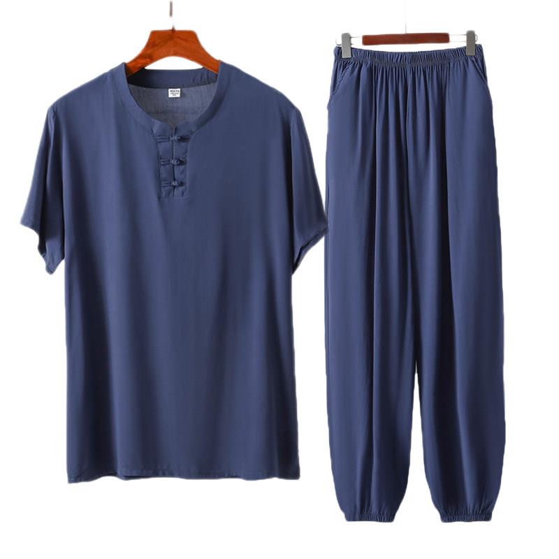 中老年男士棉绸睡衣裤套组夏季薄款人造棉家居服短袖T恤长裤晨练