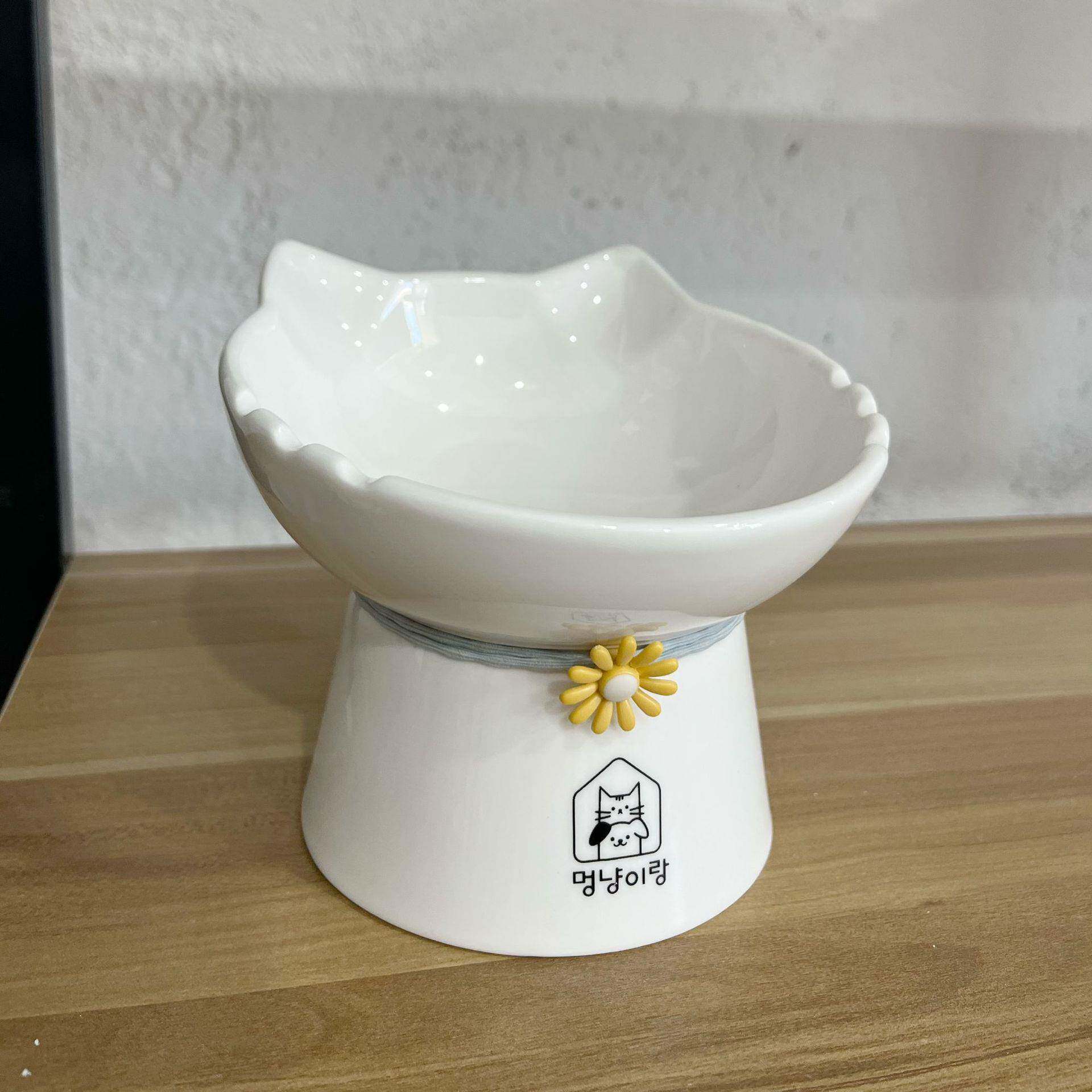 陶瓷猫咪高脚食物碗 宠物可爱款斜口食盆保护颈椎饮水碗狗狗用品