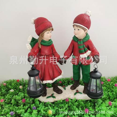 树脂小孩提灯笼花园摆件太阳能灯户外庭院灯精灵装饰可爱男孩女孩