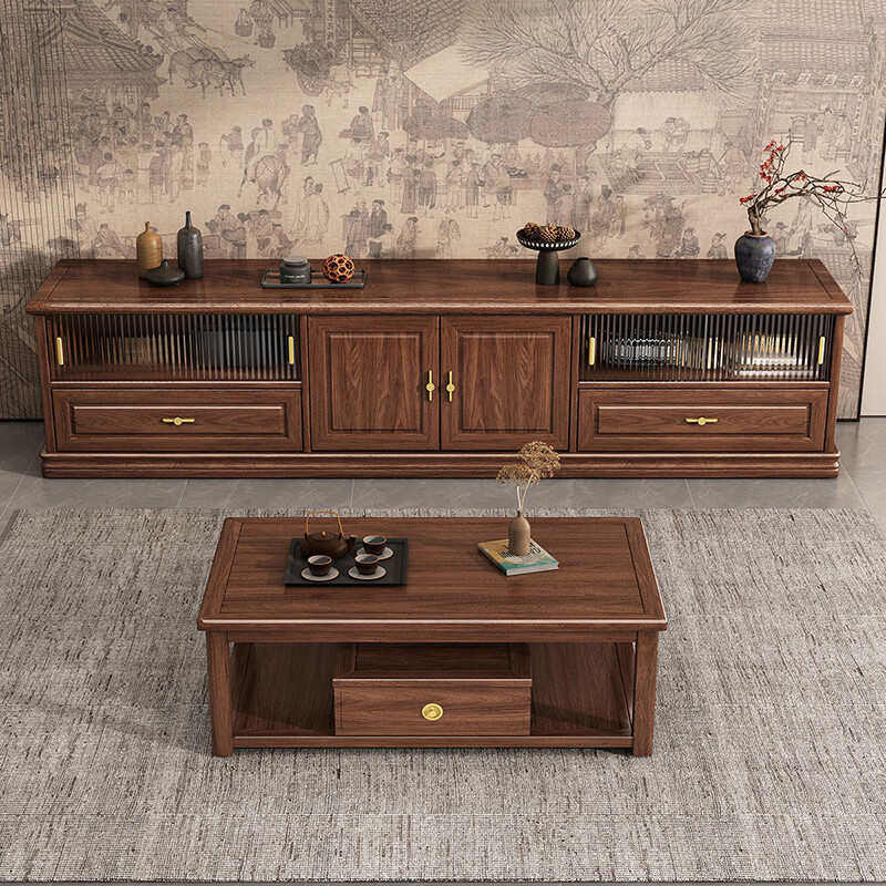 新中式黑胡桃木实木电视柜落地复古现代简约客厅收纳茶几家具组合,住宅家具,电视柜,淘宝优惠券,粉丝福利购,淘宝优惠卷