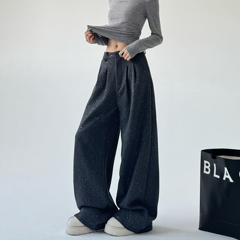 毛呢阔腿裤女2024新款秋冬季灰色烫钻亮片时尚洋气显瘦遮跨拖地裤,女装/女士精品,休闲裤,淘宝优惠券,粉丝福利购,淘宝优惠卷
