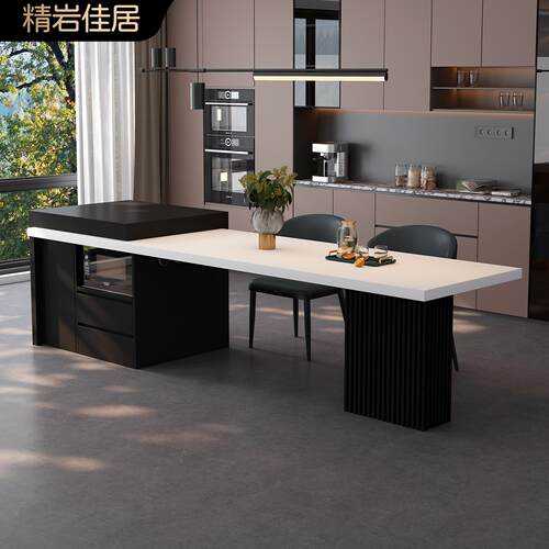 倒台餐桌一体家用开放式厨房意式轻奢高级导台纯黑岩板定制中岛台