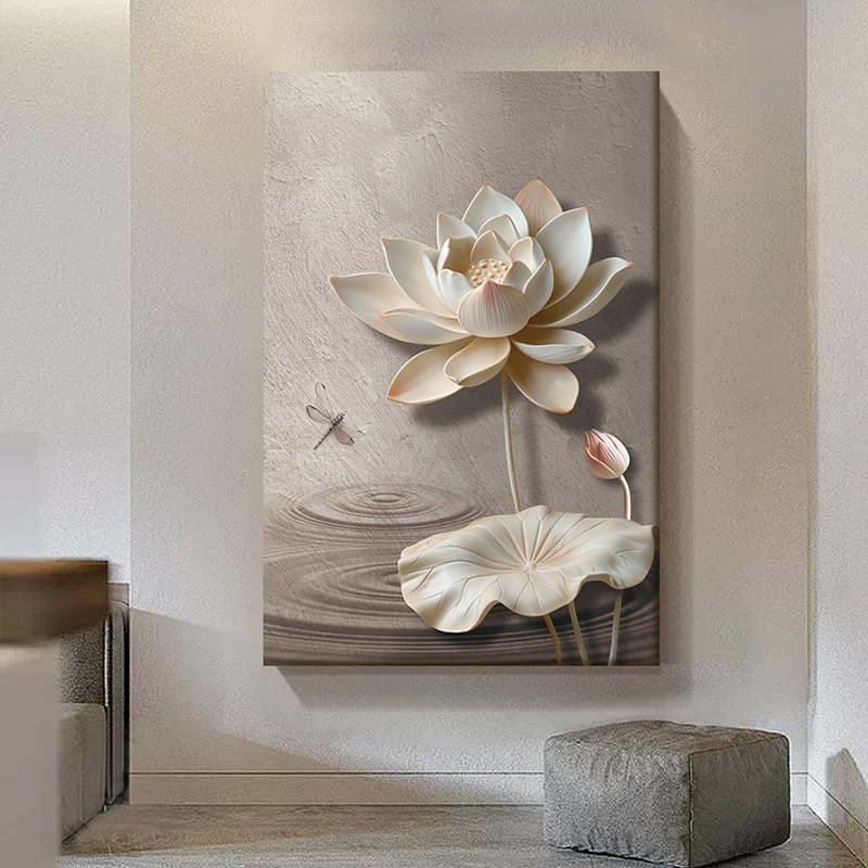 侘寂风玄关装饰画立体荷花走廊过道挂画高级感新中式客厅画奶油风图片