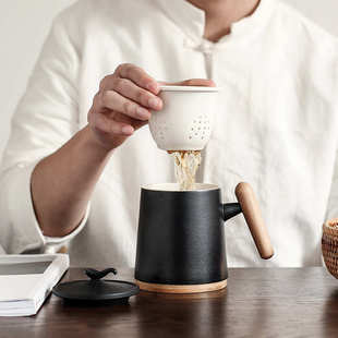 马克杯带盖杯垫过滤茶杯家用陶瓷水杯茶水分离办公室泡茶杯子激光