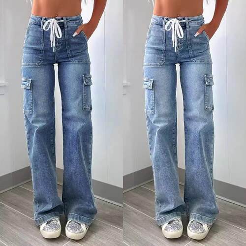 2026 Women Leisure Straight Leg Jeans Laces Multiple Pockets