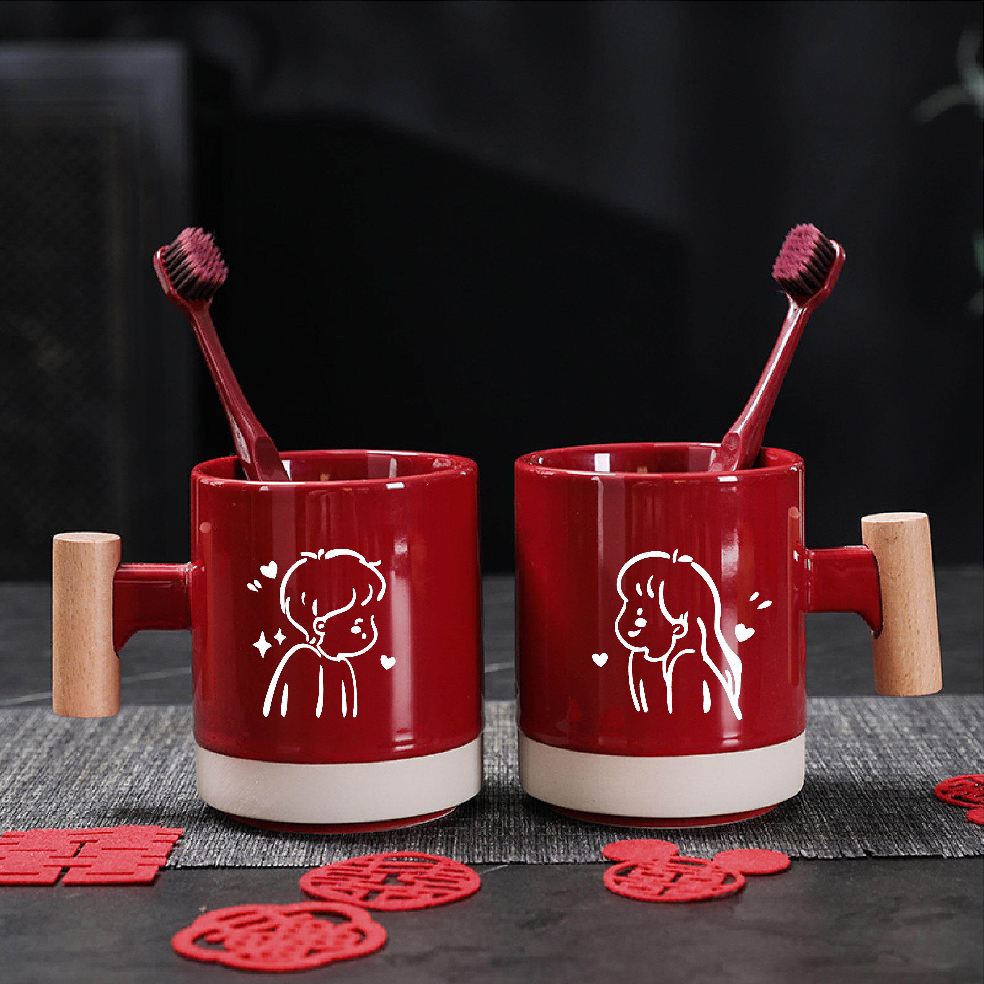 结婚洗漱杯一对情侣牙刷杯套装新婚用品红色陶瓷漱口牙杯牙缸