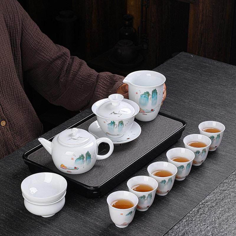 高档羊脂玉瓷纯手绘功夫茶具套组白瓷三才盖碗品茗杯泡茶器礼盒装