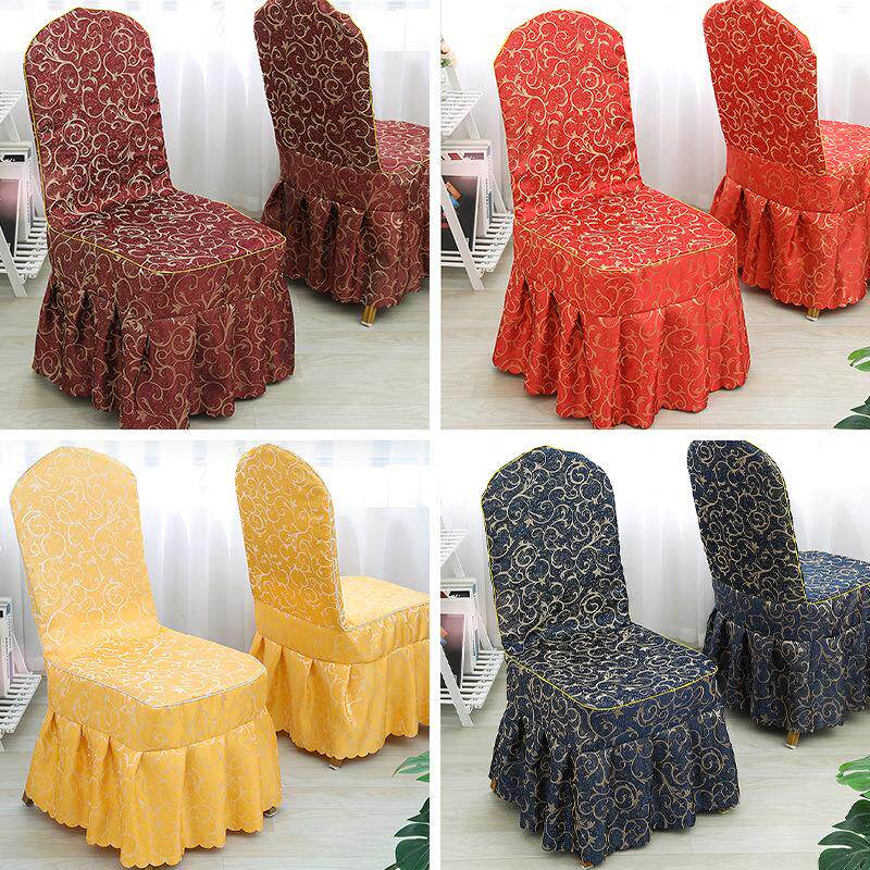 红色酒店椅套饭店连体椅子套印花婚庆宴会钢制餐厅椅套涤纶提花布