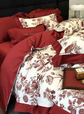 现代简约红色婚庆四件套全棉纯棉结婚被套床单100S长绒棉婚房床品