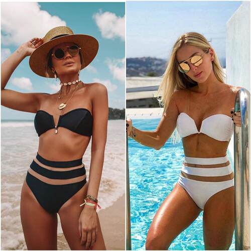 Split Swim Collar Mesh Splicing High Waist Bikini