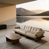 新中式 现代简约实木沙发客厅小户型三人位米色皮质沙发茶几组合