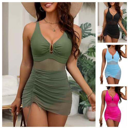 Women Monokini Swimsuit Summer Mesh Patchwork Drawstring
