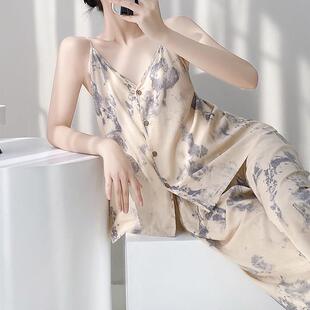 套装 轻奢棉绸睡衣女士春秋夏季 吊带两件套家居服宽松简约纯色开衫