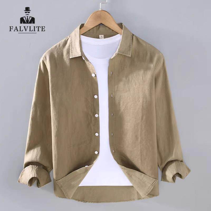 FALVLITE2026春季纯亚麻衬衫纽扣男士长袖薄款休闲风宽松棉麻上衣