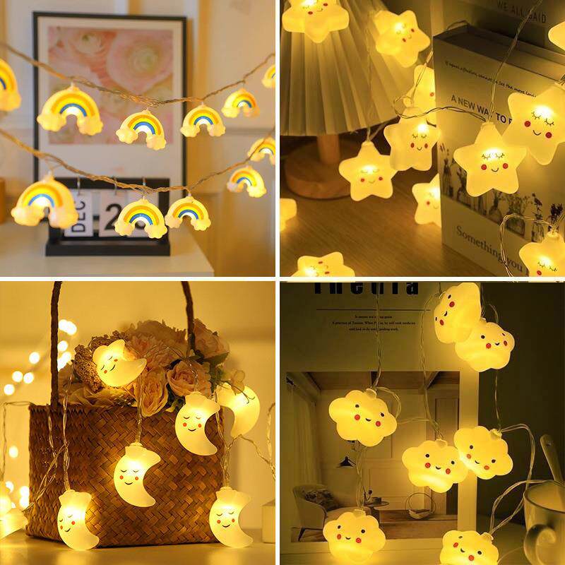 儿童房间led彩灯布置笑脸星星彩虹云朵生日氛围装饰品闪灯串灯带