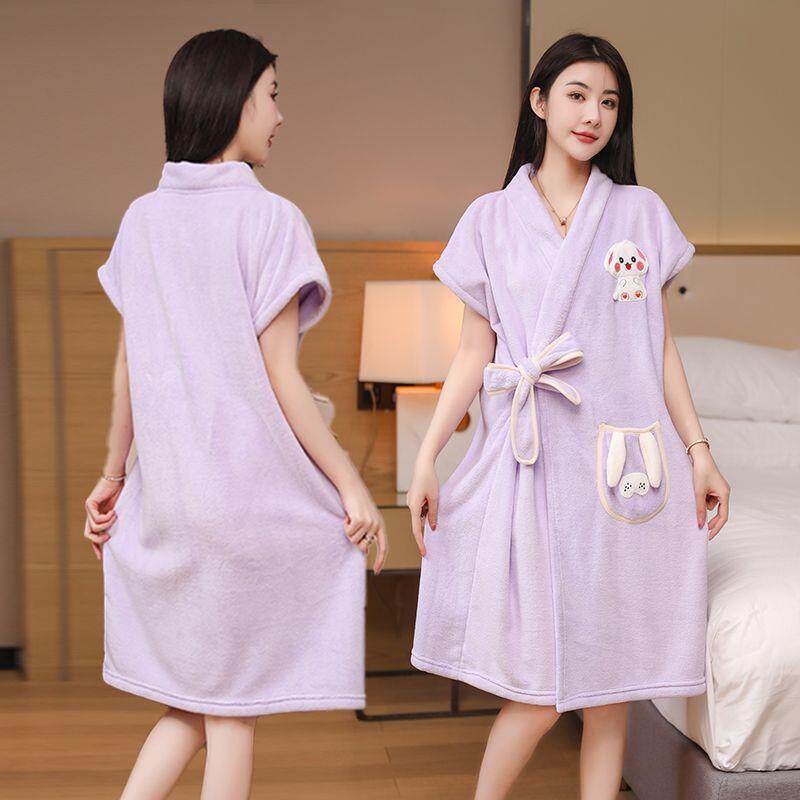 夏季成珊dEa8ajA2瑚绒浴袍洗可完澡直接穿女士浴巾穿衣式可吸水人