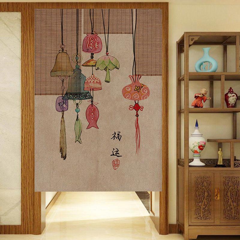 新中式门帘隔断帘布艺帘半帘中国风卧室厕所玄关家用挂帘风铃铃铛
