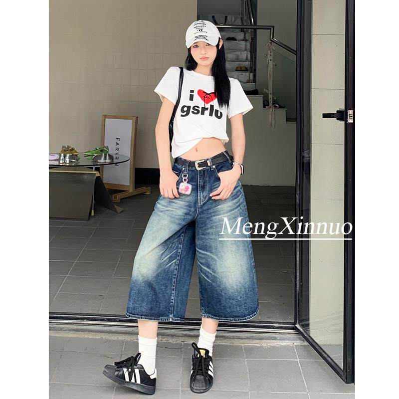 美式复古水洗做旧七分牛仔短裤女夏2026新款宽松百搭廓形阔腿中裤