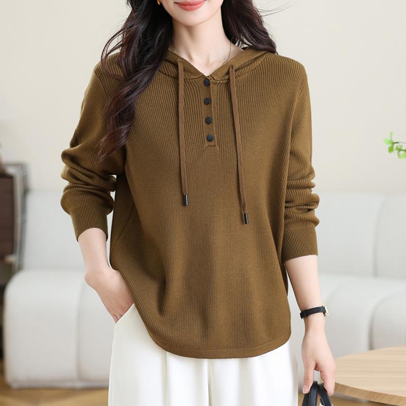 秋季连帽针织衫女宽松打底显瘦上衣妈妈减龄天丝羊毛衫遮肚子毛衣