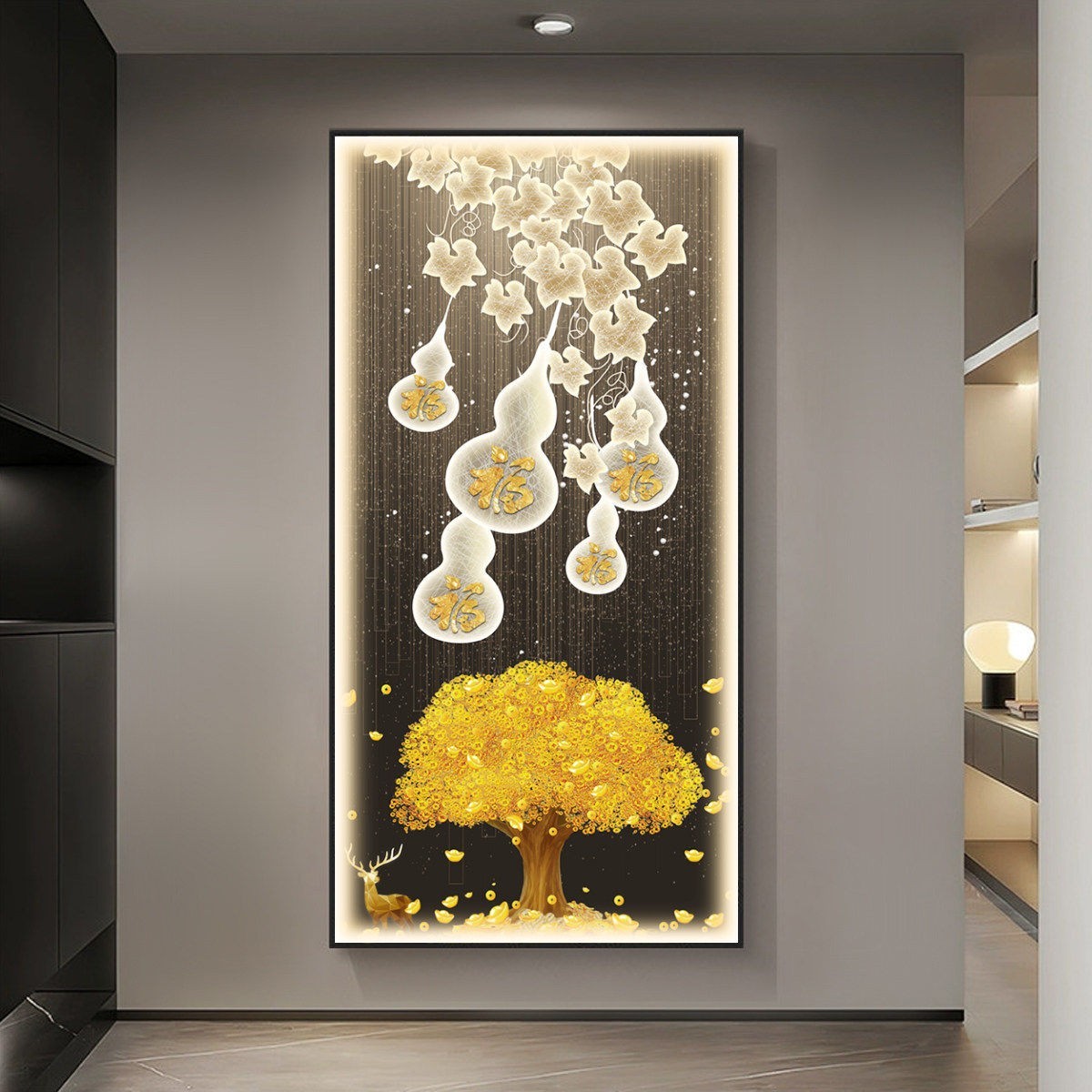 发财树带灯入户玄关装饰画走廊过道葫芦壁画高级感墙壁挂画现代