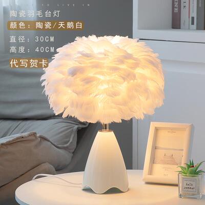 高档女生卧台灯感床头灯轻奢高高室级装饰浪端漫温馨礼物陶瓷羽毛