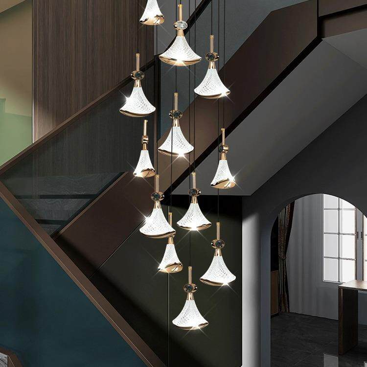 中山复式楼梯仿水晶吊线灯喇叭挑空跃层旋转别墅酒店商场工程