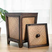 复古藤编木质纸篓带盖客厅茶室竹编垃圾篓家用中式 实木禅意垃圾桶