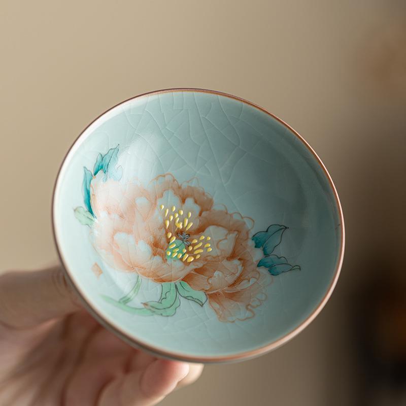 中式手绘牡丹汝窑大茶杯主人杯单杯个人专用陶瓷品茗杯普洱杯茶盏