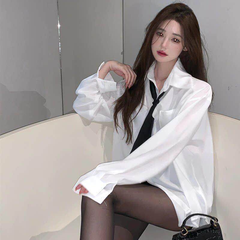 网红主播领带制服衬衫女春秋新款韩版休闲宽松垂感白色中长款衬衣