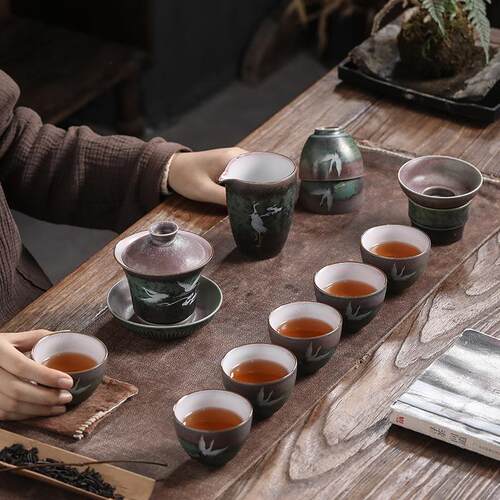 新中式仙鹤功夫茶具套装 窑变焕彩三才盖碗整套茶具家用礼品套装