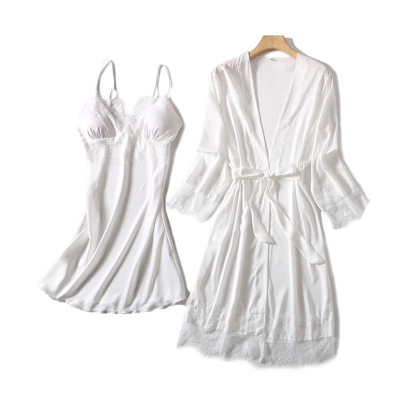 White Silk Pajamas Set Women 5PCS Bride Wedding Robe Nightgo