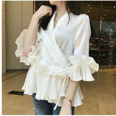 Shirt Chiffon Satin Ruffled V-Neck Top Style Gentle Summer