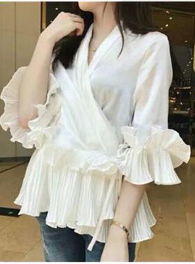 Shirt Chiffon Satin Ruffled V-Neck Top Style Gentle Summer