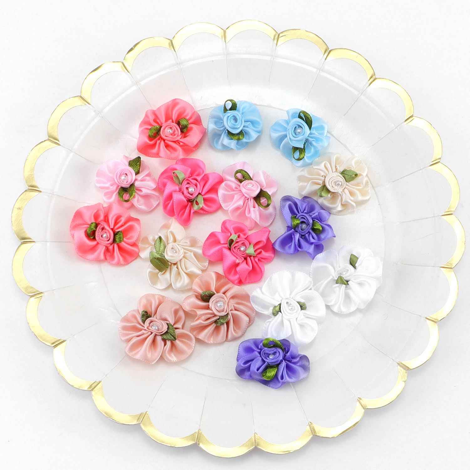 3cm布艺花朵手工缎带加珍珠带叶小花手工花服装头饰装饰辅料