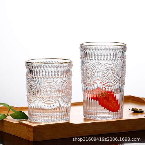 创意加厚玻璃水杯子复古浮雕茶杯太阳花耐热杯子夏季果汁杯啤酒杯