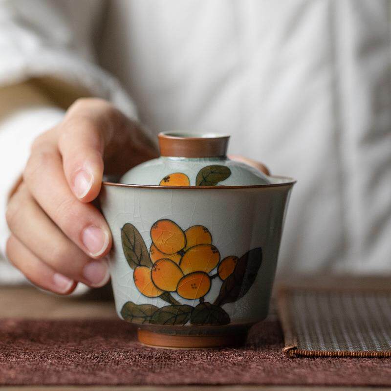 冰片釉纯手绘枇杷三才盖碗茶杯单个家用泡茶碗带盖不烫手开片陶瓷