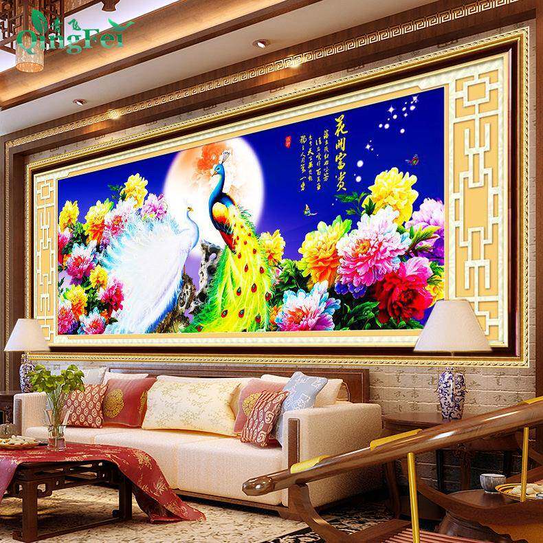 青飞花好月圆花开富贵十字绣孔雀开屏牡丹十字绣孔雀图客厅