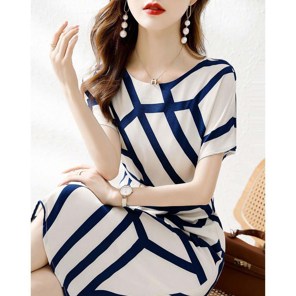 高级感真丝条纹洋装女2026夏季新款时尚高端奢华显瘦桑蚕丝裙子