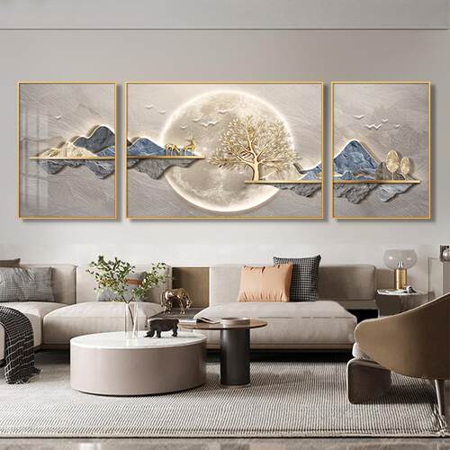 现代轻奢客厅三联装饰画 画大气沙发背景墙挂画 画高级感靠山发财