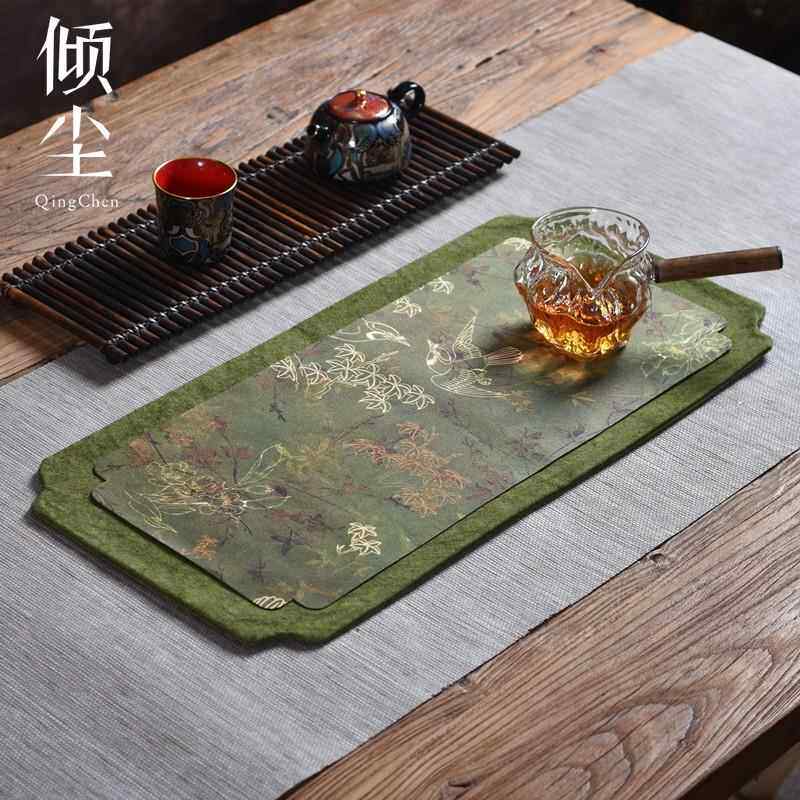 叶语鸟云纱绿色茶席扎染双面干泡席桌旗中国风茶桌垫壶垫茶道配件
