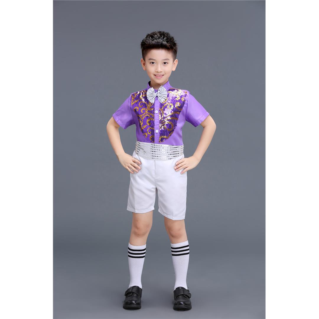 高档儿童表演服装男童套背出带裤演服男孩亮片舞蹈小学生六一大唱