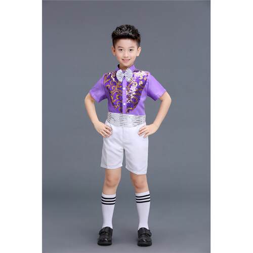 高档童表演服装男童背儿带裤演学出男孩亮片舞蹈服小生六一大合唱