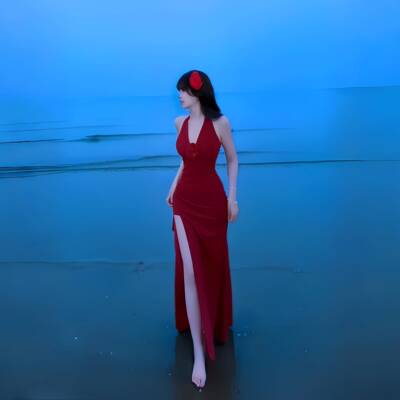 GirlsAt18 红色立体花朵挂颈洋装女夏季性感海边度假掐腰长裙