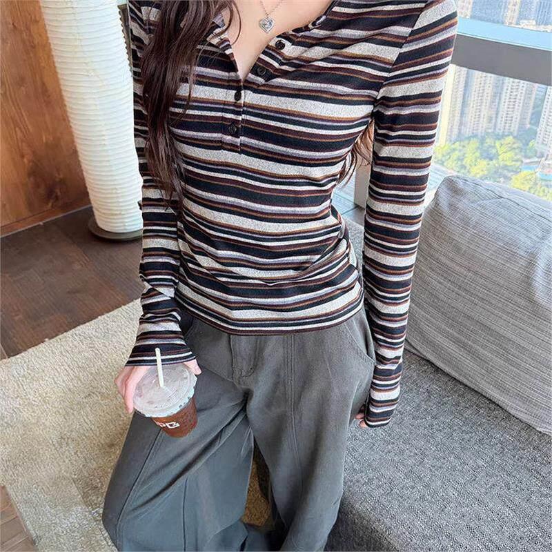 SPYB复古棕条纹半开领针织长袖女春季ins风收腰显瘦小众内搭上衣