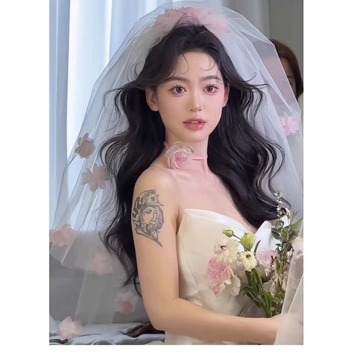 康康造型头纱新娘主婚纱森系粉色花朵短款结婚领证求婚旅拍发饰品