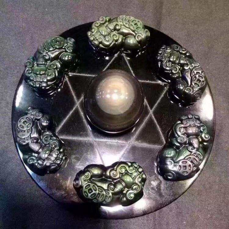 天然黑曜石七星阵貔貅摆件 家居办公饰品 皮休瑞兽 吉祥物摆饰