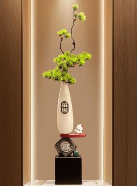 入门玄关造景花瓶摆件石来运转迎客松客厅新中式细长高陶瓷装饰品