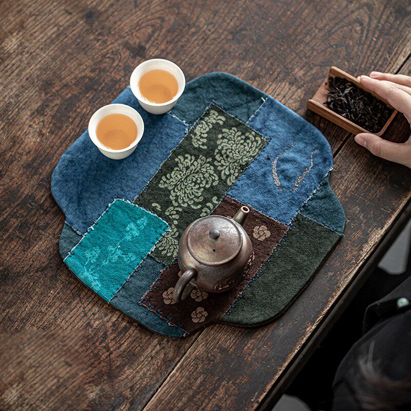 柿子染茶席手工双面茶盘壶承干泡垫手缝茶具刺绣茶布茶旗茶道配件