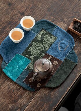 柿子染茶席手工双面茶盘壶承干泡垫手缝茶具刺绣茶布茶旗茶道配件